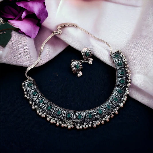 Ranja Silver Green stone Pearl Necklace set - Fashion Jewels
