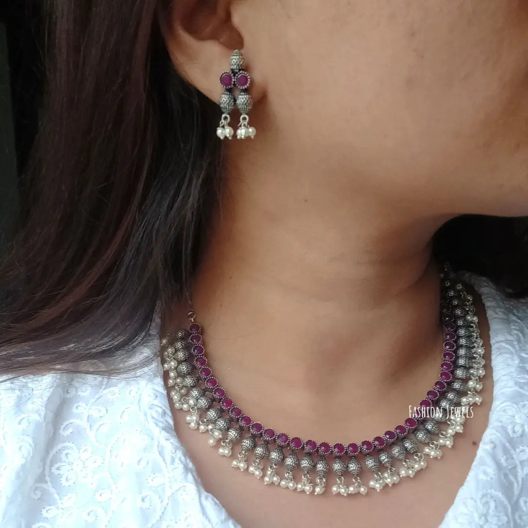 Resha German silver Ruby stone pearl Necklace set - Fashion Jewels