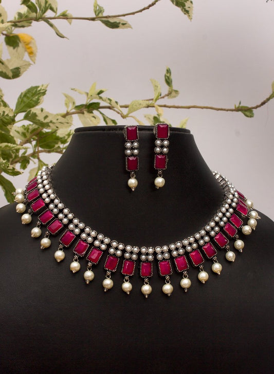 Ruby pearl German Silver Necklace set - Fashion Jewels