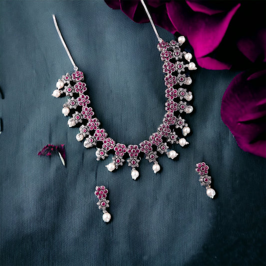 Ruta Silver Ruby Flower pearl Necklace set - Fashion Jewels