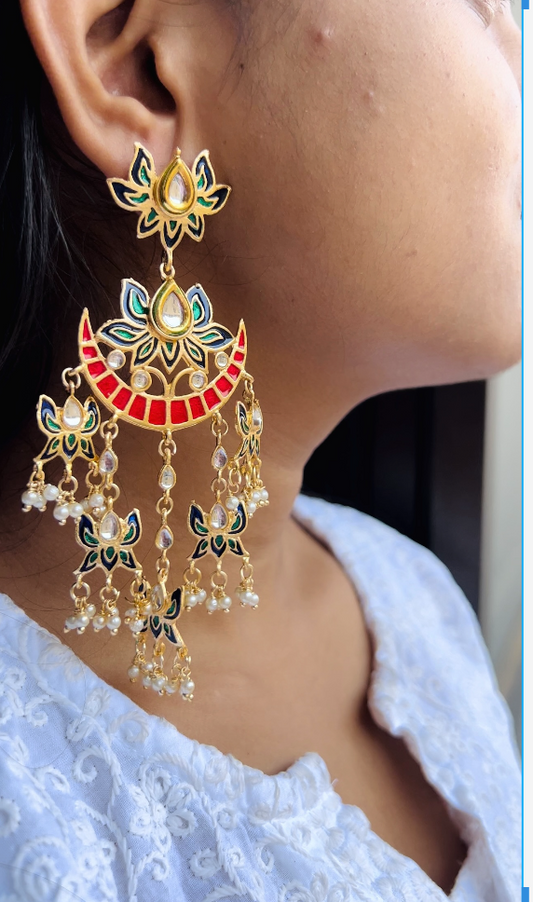 Sakshi Meenakari multi colored pearl hanging Kundan earring - Fashion Jewels