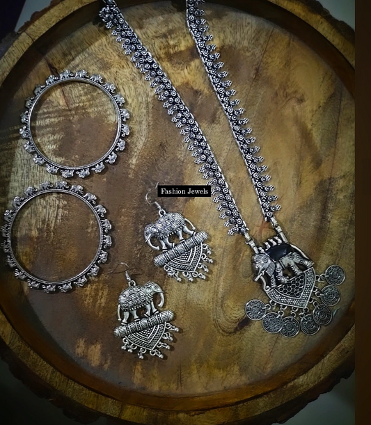 Silver Elephant theme Combo set of Neckpiece, Bangles and Earrings