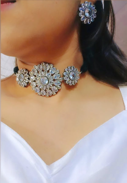 Shanaya Zircon Brass Silverlook alike choker set - Fashion Jewels