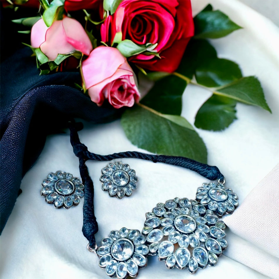 Shanaya Zircon Brass Silverlook alike choker set - Fashion Jewels