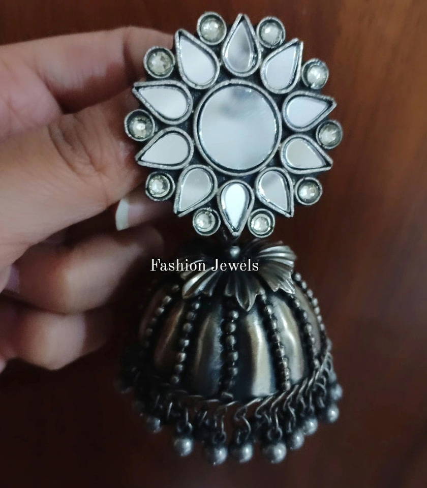 Shesh Silver Mirror Jumbo Jhumka - Fashion Jewels