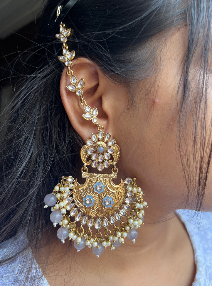 Shreena Kundan Grey pearl beads Sahara Chandbali - Fashion Jewels