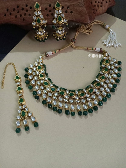 Shreya Emerald Kundan Green beads Necklace set with Mangtika - Fashion Jewels