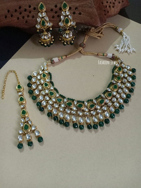 Shreya Emerald Kundan Green beads Necklace set with Mangtika - Fashion Jewels