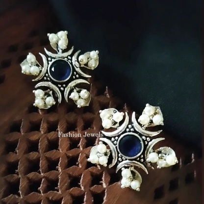 Silver Blue stone pearl Flower Earrings - Fashion Jewels
