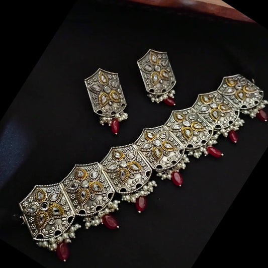 Silver Brass pearl Designer dualtone Choker set - Fashion Jewels