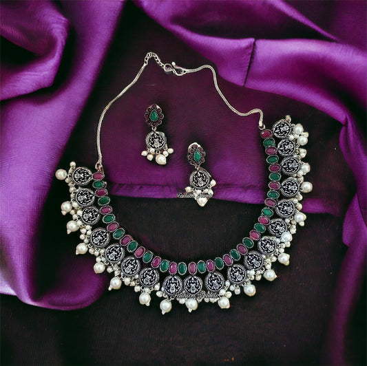 Silver Devi carved Ruby and Green stone pearl Necklace set - Fashion Jewels