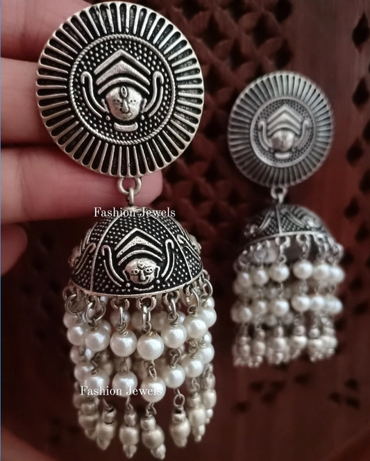 Silver Durga Devi pearl tassel Hanging Jhumka - Fashion Jewels