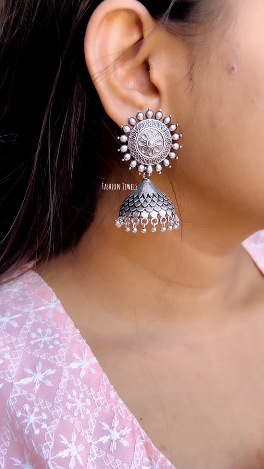 Silver Flower oxidised medium jhumka - Fashion Jewels
