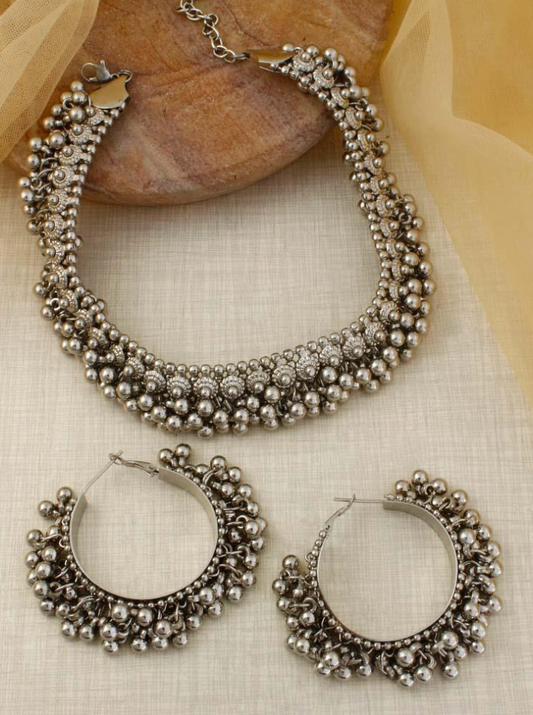 Silver Ghunghroo Choker and Hoop Combo set - Fashion Jewels