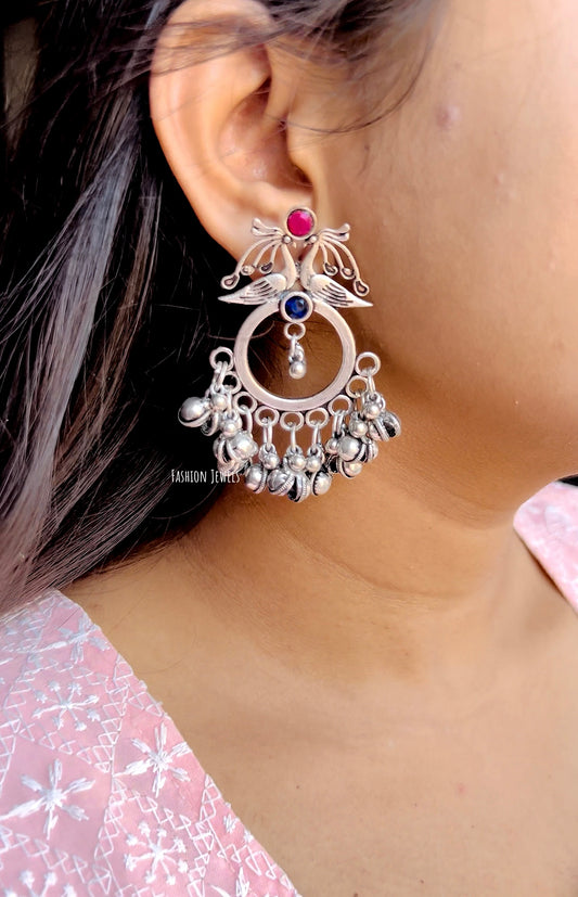 Silver Ghunghrroo peacock oxidised Earring - Fashion Jewels