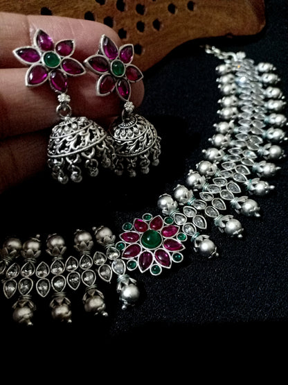 Silver Matte Kemp flower Zircon stone Choker set - Fashion Jewels