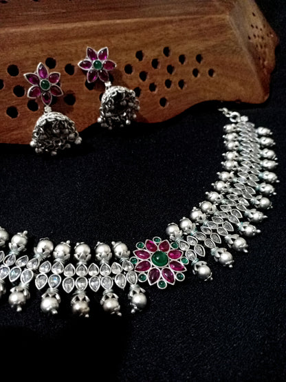 Silver Matte Kemp flower Zircon stone Choker set - Fashion Jewels