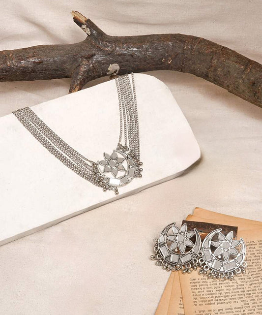 Silver Mirror Ghunghroo Choker set - Fashion Jewels