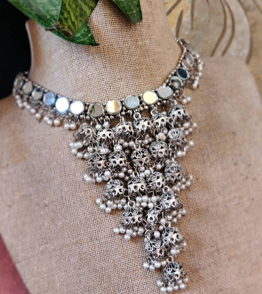 Silver Mirror  Jhumki layered pearl Choker - Fashion Jewels
