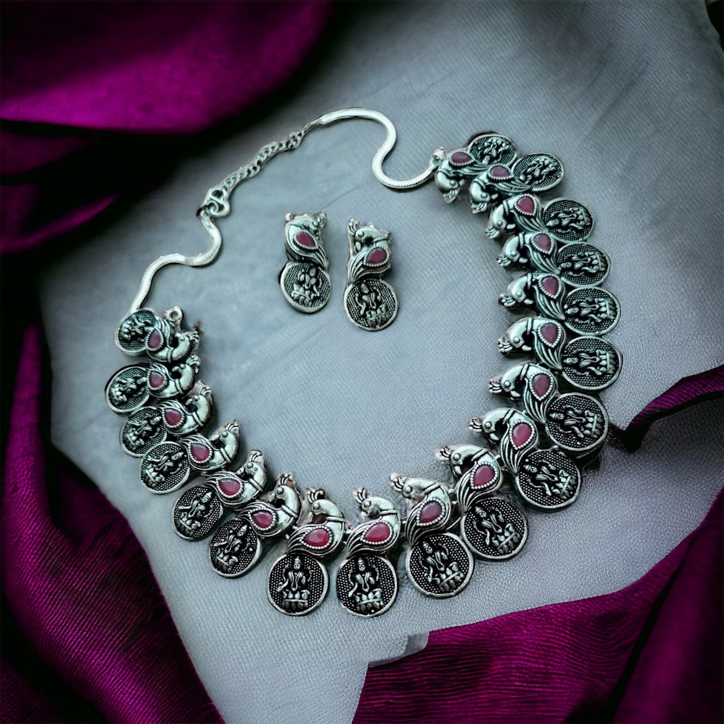 Silver Peacock and Lakshmi Maa designer Ruby stone set - Fashion Jewels