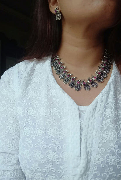 Silver Peacock and Lakshmi Maa designer Ruby stone set - Fashion Jewels
