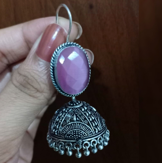 Silver Pink Stone Hook Jhumka - Fashion Jewels