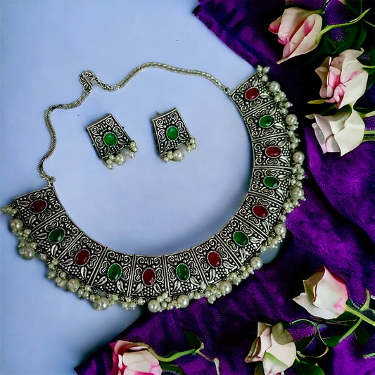 Silver Ruby and green stone pearl Necklace set - Fashion Jewels