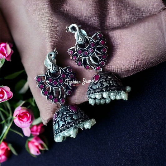 Silver Ruby peacock pearl Jhumka - Fashion Jewels
