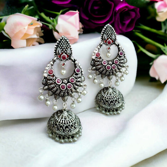 Silver Ruby stone pearl jhumka - Fashion Jewels