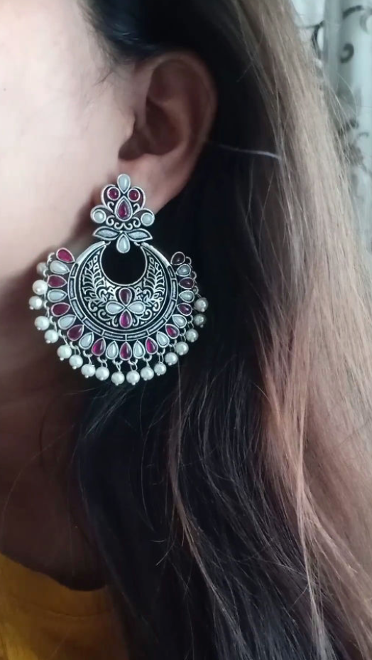 Silver Ruby stone pearl lightweight Chandbali - Fashion Jewels