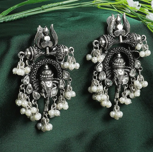 Silver Trishul Ganesha Zircon Stone pearl Earrings - Fashion Jewels