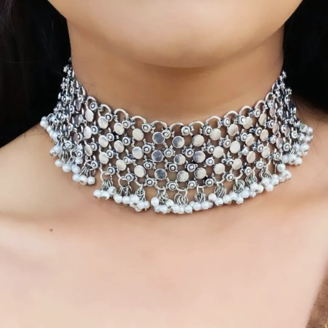 Silver broad pearl Choker - Fashion Jewels