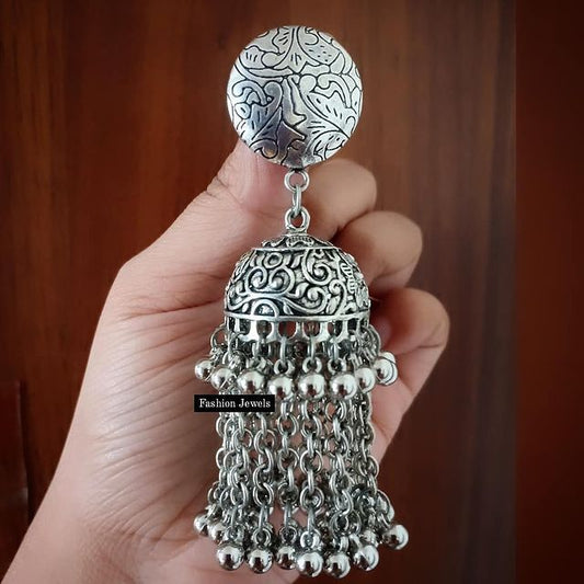 Silver intricate chain hanging lightweight Jhumka - Fashion Jewels