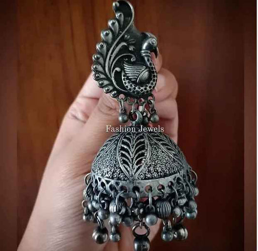 Silver intricate statement Peacock Jhumka - Fashion Jewels