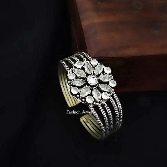 Silverlook alike Brass Zircon Flower Kada - Fashion Jewels