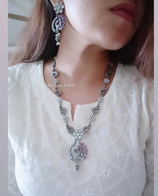 Silverlook alike Peacock designed Ruby and Pearl Necklace set - Fashion Jewels