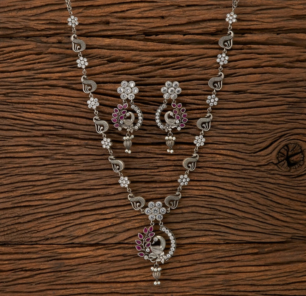 Silverlook alike Peacock designed Ruby and Pearl Necklace set - Fashion Jewels