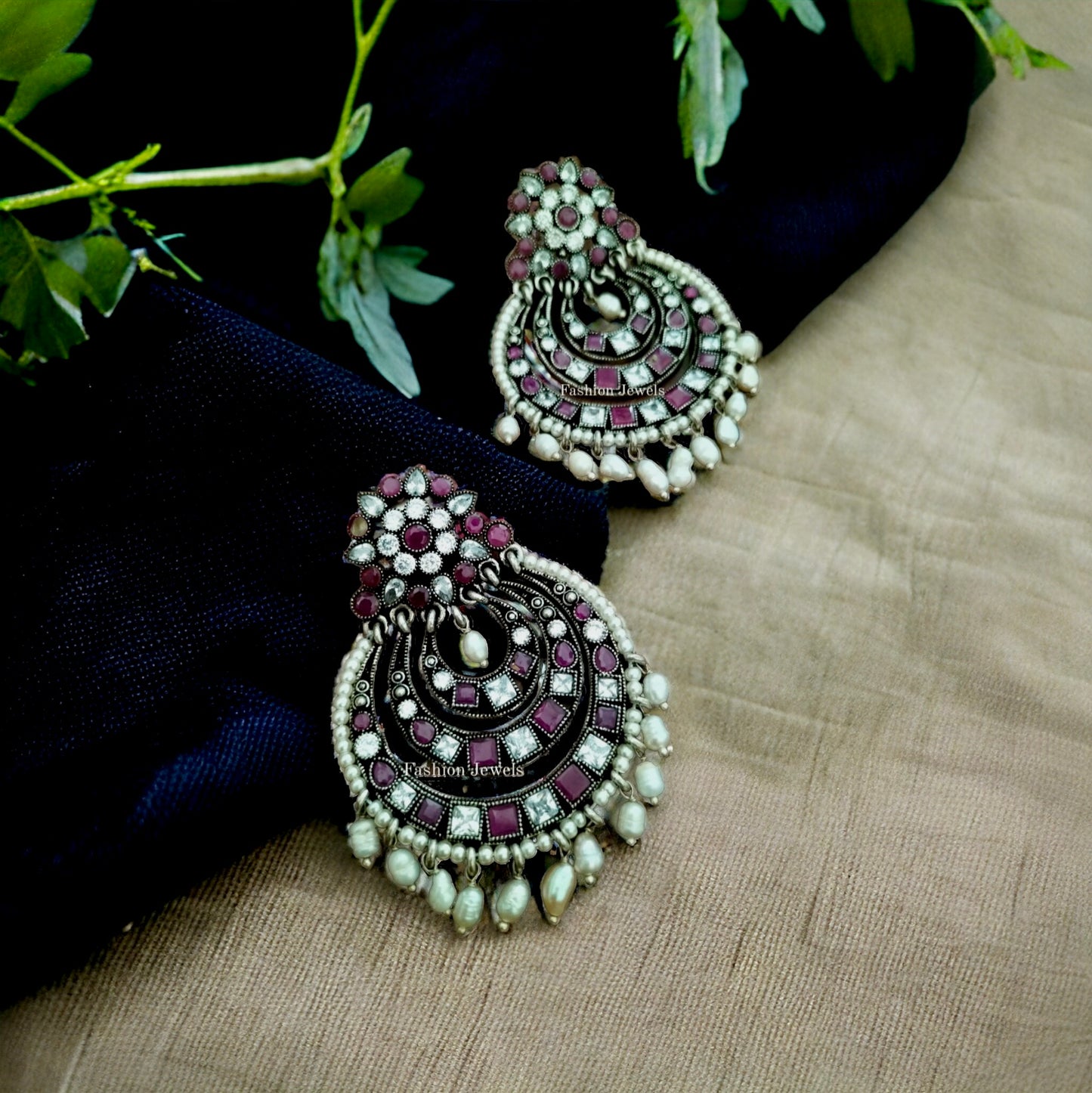 Silverlook alike White Zircon and Ruby stone pearl Festive Chandbali - Fashion Jewels