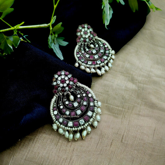Silverlook alike White Zircon and Ruby stone pearl Festive Chandbali - Fashion Jewels
