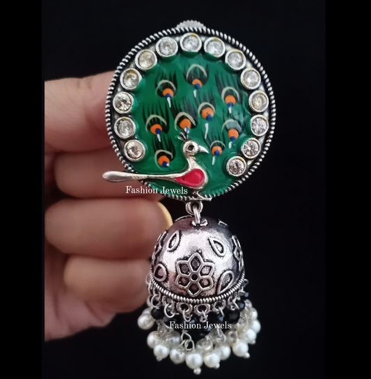 Silverlook alike Zircon Peacock pearl Jhumka - Fashion Jewels