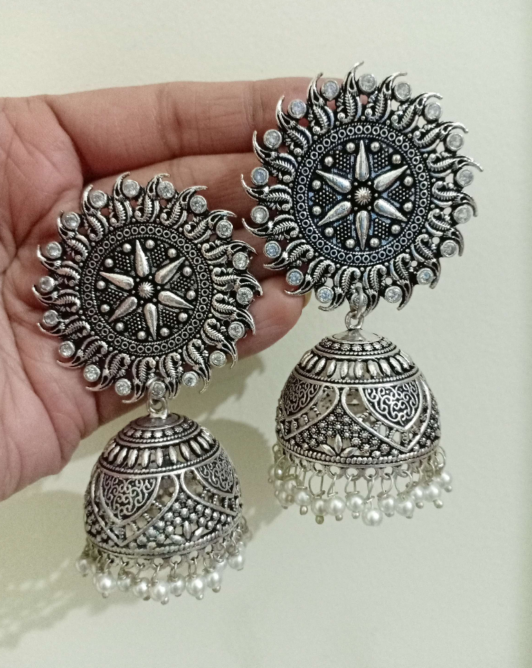 Silverlook alike Zircon Pearl Jhumka - Fashion Jewels