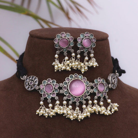 Silverlook alike Zircon pearl pastel Choker set - Fashion Jewels