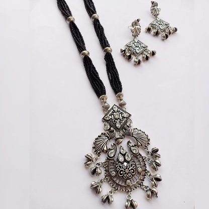 Silverlook alike Zircon stone black beaded Necklace set - Fashion Jewels