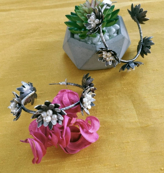 Silverlook alike brass pearl Flower Hoops - Fashion Jewels