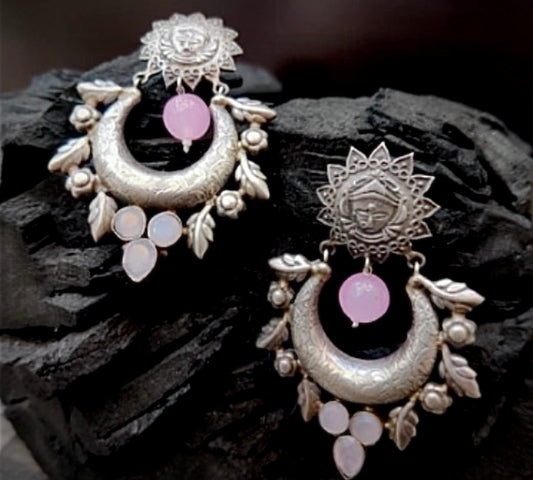 Silverlook alike brass pink beads durga Chandbali - Fashion Jewels