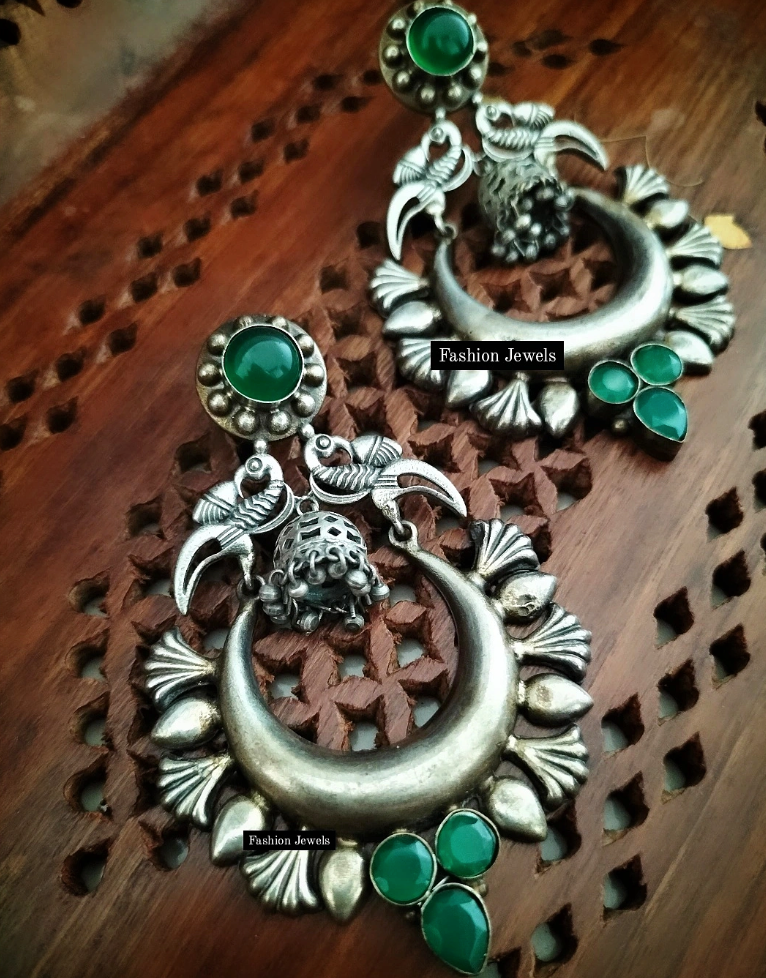 Silverlook alike greenstone Bird Chandbali - Fashion Jewels