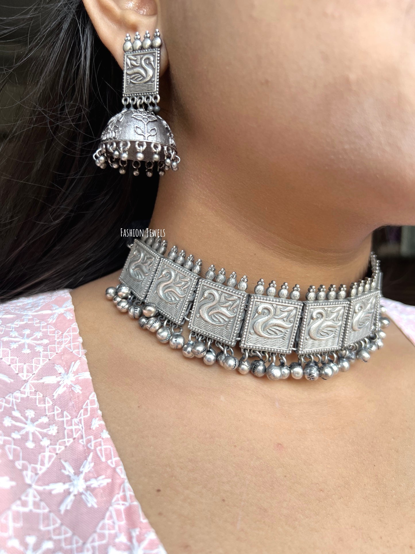 Silverlook alike peacock Ghunghroo Choker set - Fashion Jewels