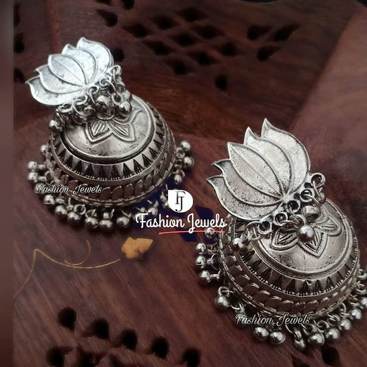 Silver lotus jumbo Jhumka - Fashion Jewels
