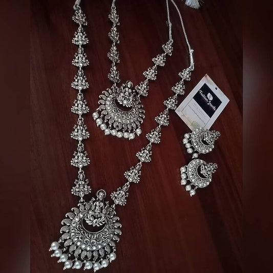 Silver matte lakshmi carved pearl 2 layer necklace set - Fashion Jewels