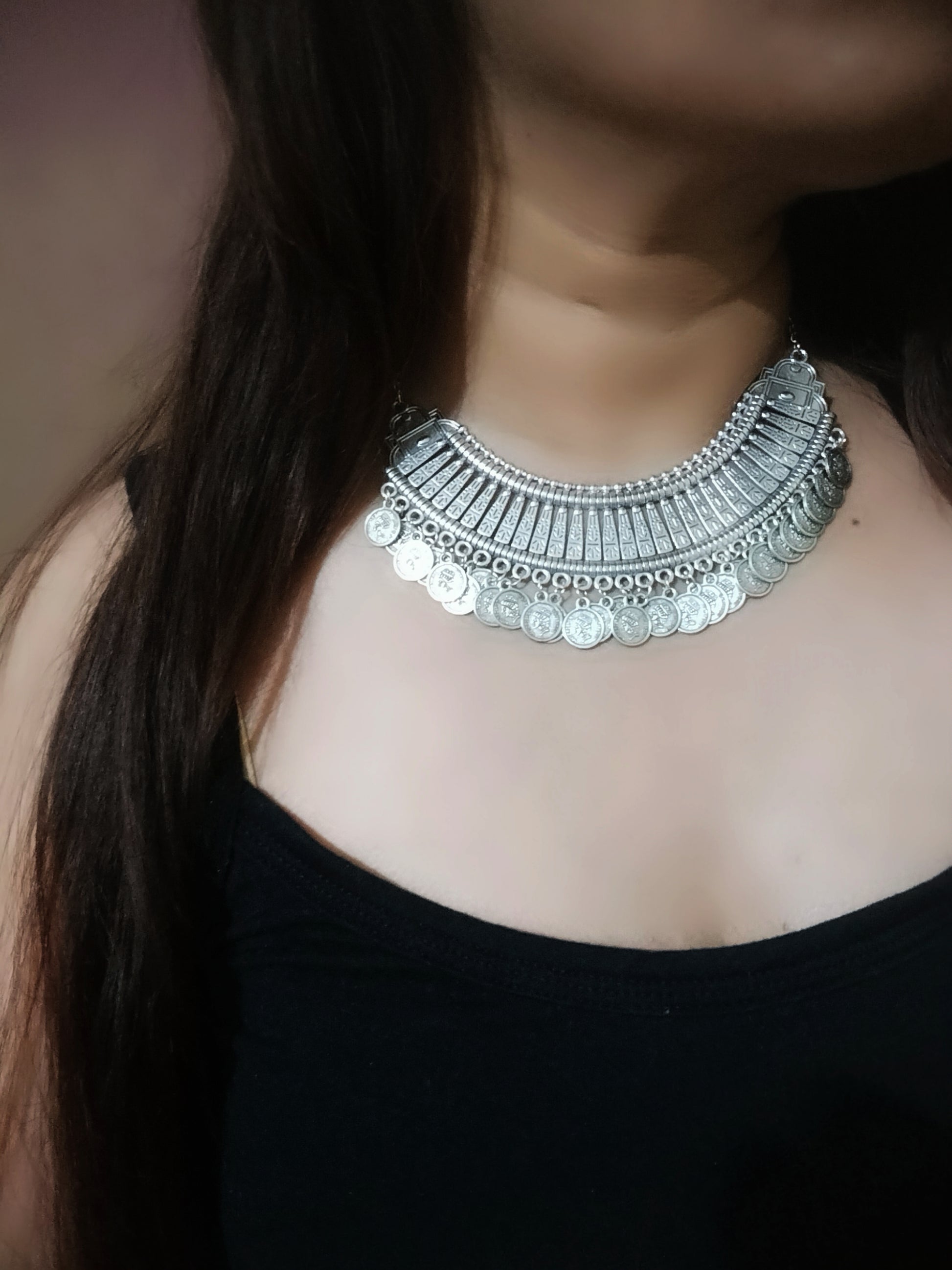 Silver oxidised Coin boho Necklace - Fashion Jewels